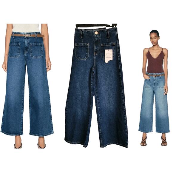 New Zara Mid-Blue Z1975 Wide-Leg Cropped High-waist Jeans 1889/151 Size 0/32 - Picture 2 of 7